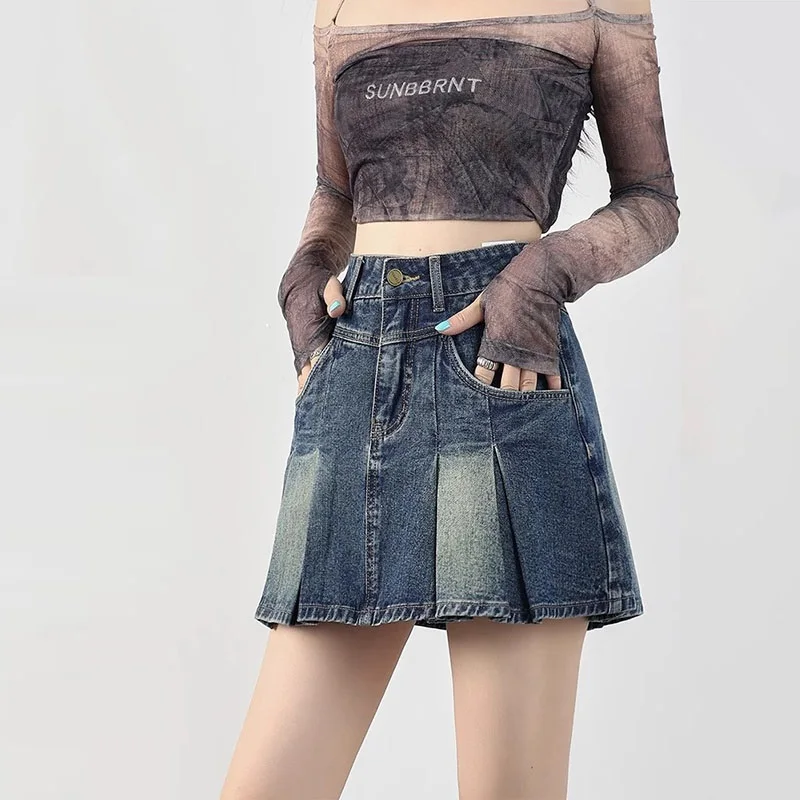 Gonna di jeans a pieghe vintage donna estate 2025 nuova vita alta una linea tasca blu mini gonne ragazze casual breve Saia femminile