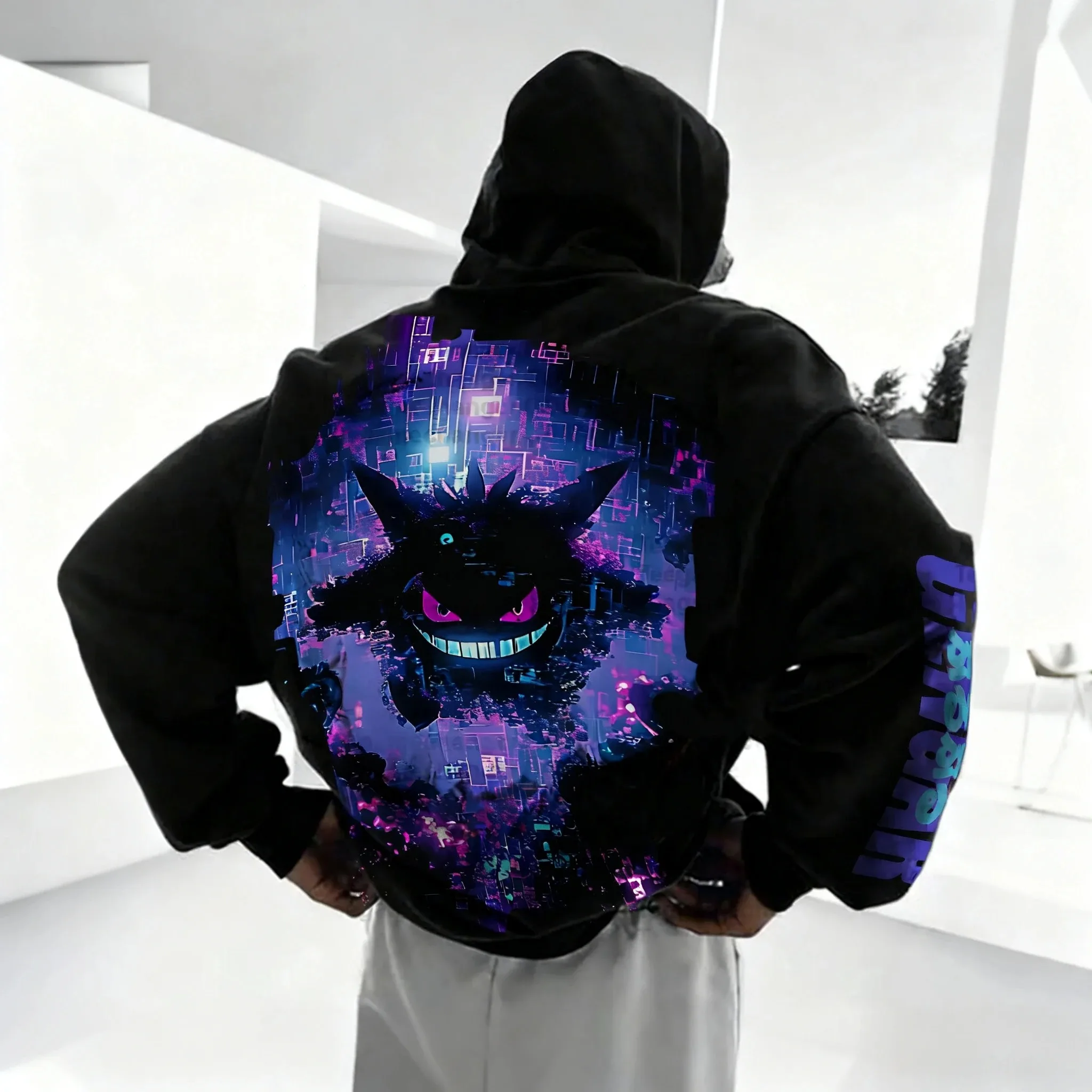

New Pok É Mon Anime Gengar Pixel Style Hooded Men's Autumn New Harajuku Plus Size Fashionable Casual Loose Parent-child Top
