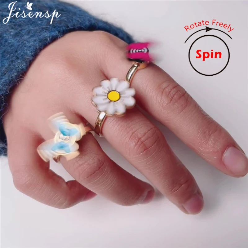 Spinner Rings Rotate Fidget Adjustable Open Finger Ring Rotatable Butterfly Daisy Animal Anti Stress Rings for Women Party Gift