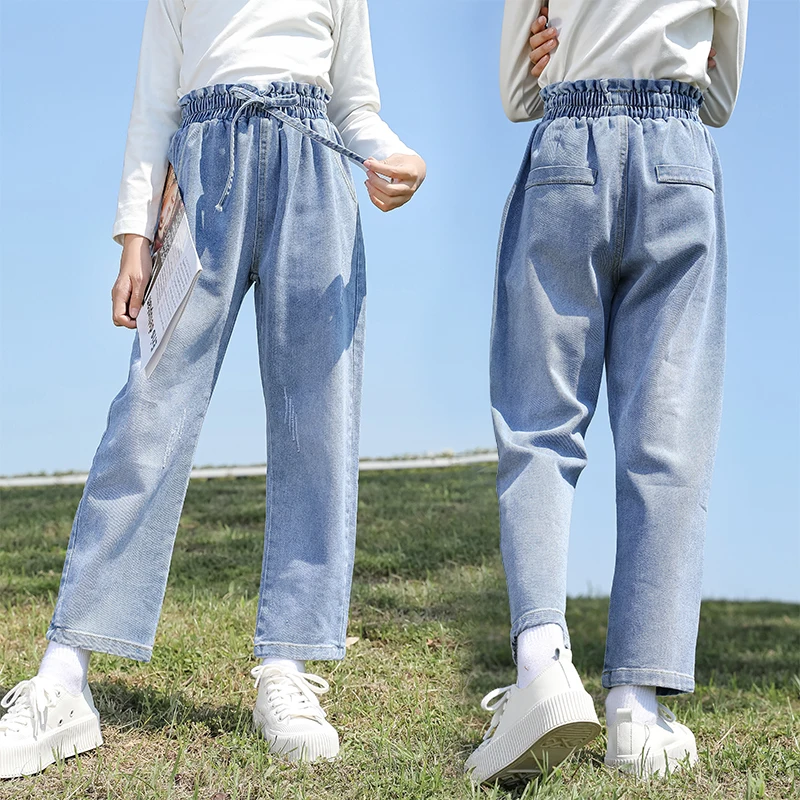 

Elegant Kids Blue High Waist Regular Jeans Trousers For Teenage Girl Casual Drawstring Denim Pants Age 4 5 6 7 8 9 10 11 12 13 Y