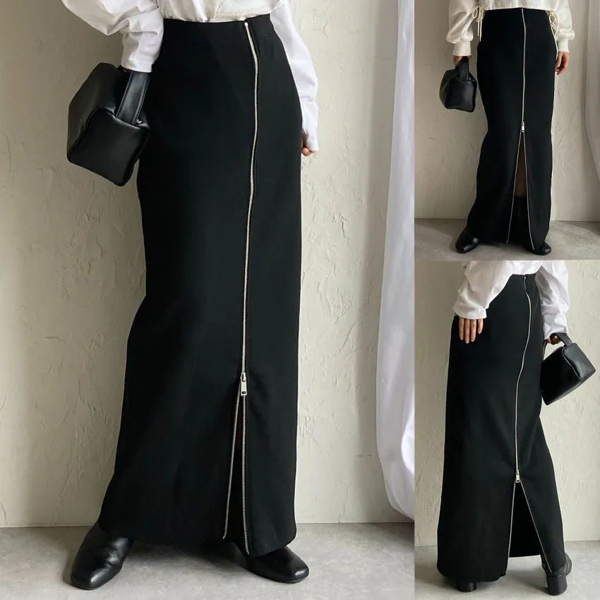 

Черная вязаная юбка миди для женщин: модная, универсальная, двусторонняя, из нейлоновой ткани, однотонная, с молнией, в стиле «Маленькая Франция»