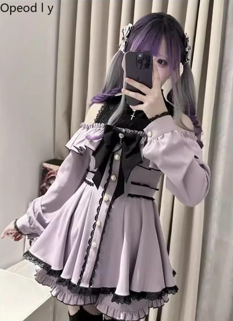 

New Japanese Mass-produced Off-the-shoulder Lace Splicing Long-sleeved Bow Shirt Dress Shorts 2 Piece Dress Set Lolita Outfits