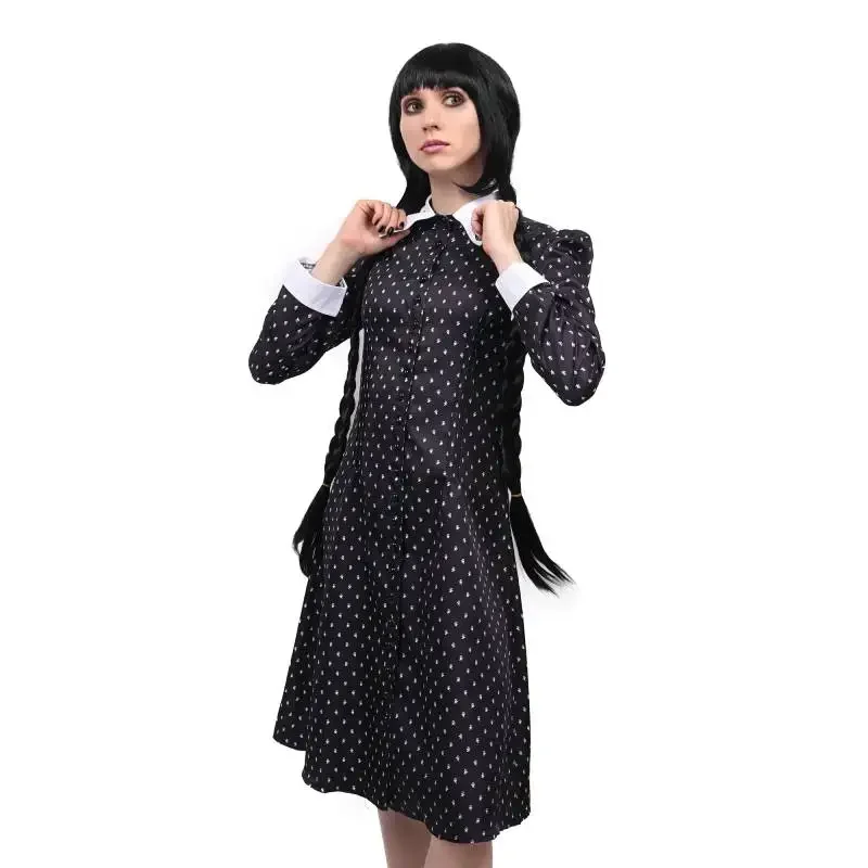 DAZCOS Anime The Addams Cosplay Famiglia Mercoledì Addams Costume Halloween Manica lunga Polka Dot Costume Donna Adulto US Taglia UY24