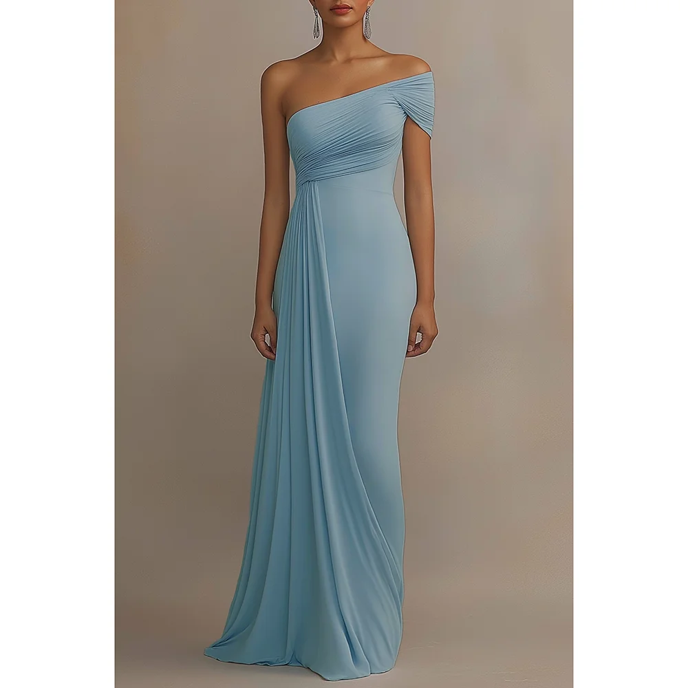 

Blue One Shoulder Strapless Pleat Floor Length Dresses Wedding Bridesmaid Dresses Evening Party Dress Elegant Prom Gowns