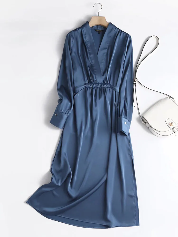 2024 Autumn Fashion Women Elegant Satin Dress Long Sleeve Office Ladies Midi Dress with Slash