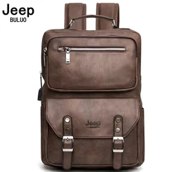 Jeep Buluo Big Brands Men's Leather Bags New Retro Backpack Men's USB Charging Trend Casual Computer Bag Travel Bag Large Space