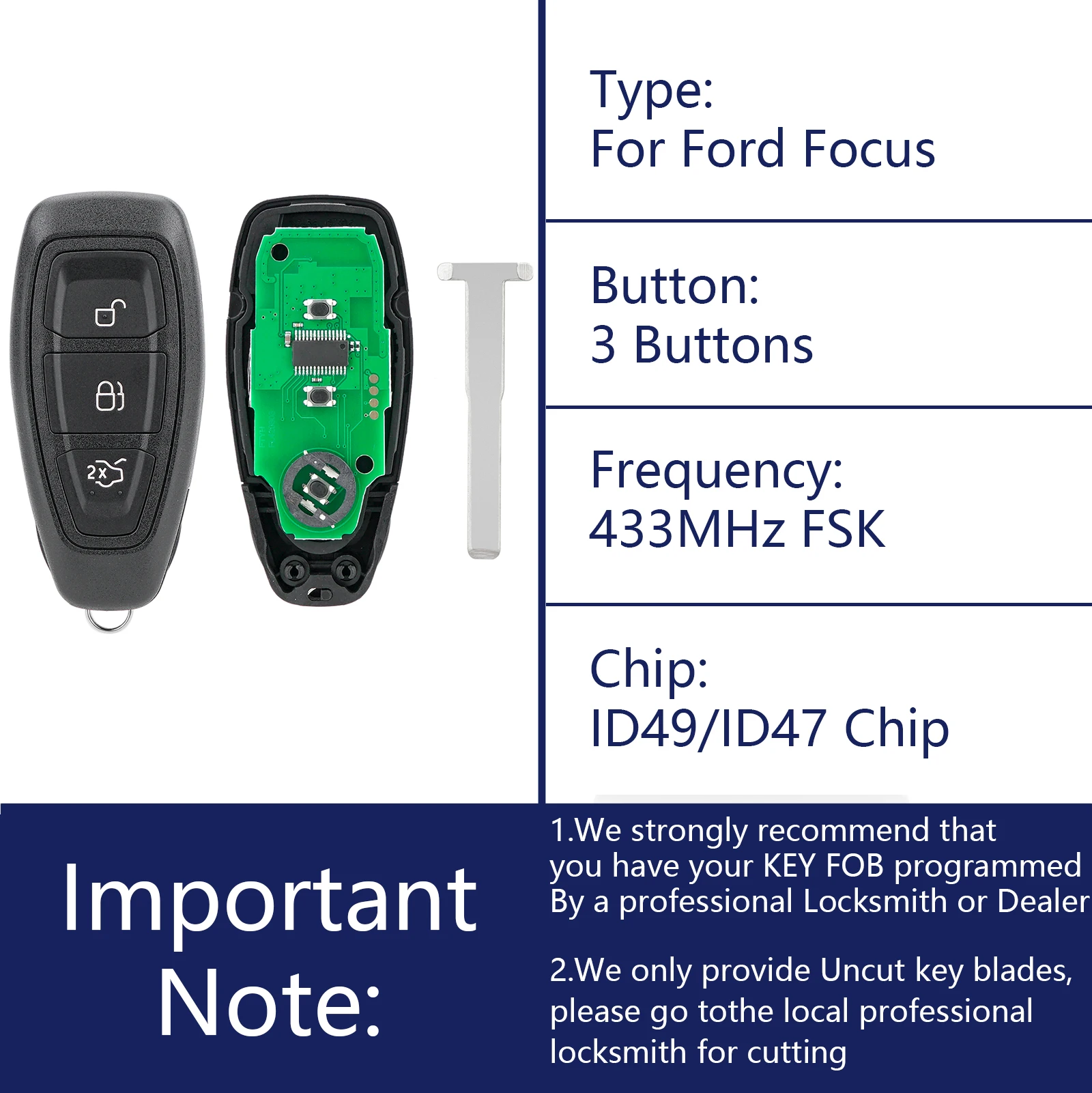 OHMSEN for Ford Focus C-Max Kuga 2015 - 2018 3 Button Remote Key Fob 433MHz Chip: ID49/ID47 FCCID: KR5876268
