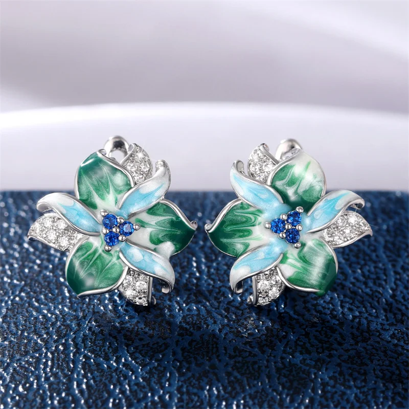 Huitan Green Blue Flower Earrings Women Inlay Sparkling Cubic Zirconia Fancy Anniversary Gift Newly Designed Flowers Ear Jewelry