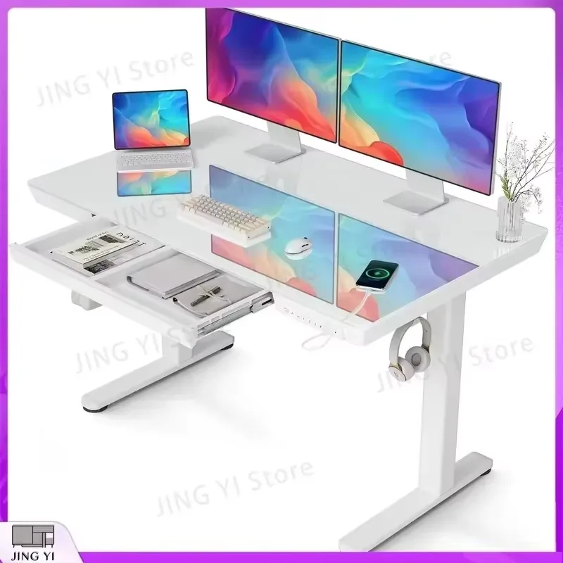 Adjustable Glass Standing Desk 120x60 cm Electric Height Adjustable Computer Desk with Drawers USB Charging Ports Office Desk