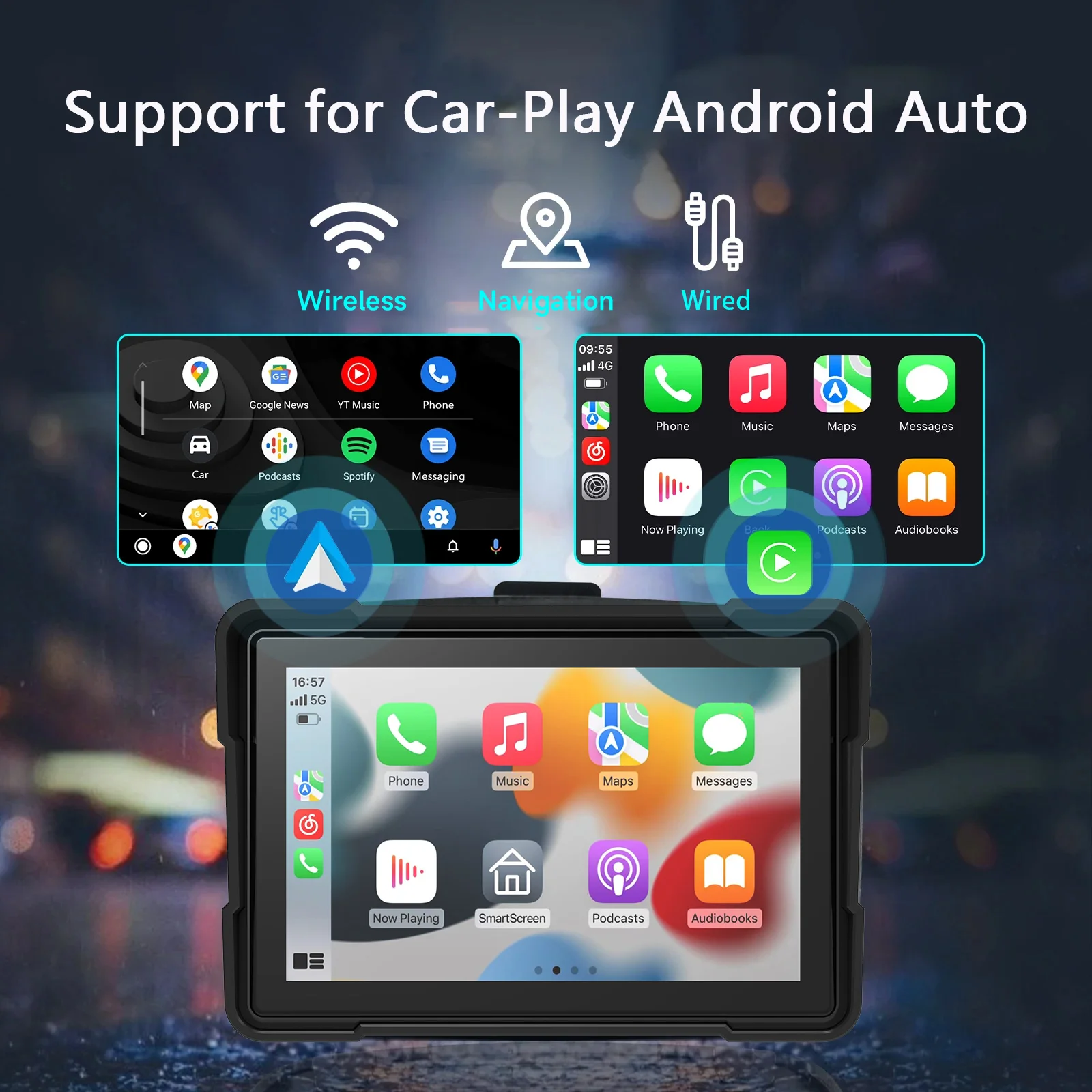 5 inch Portable Motorcycle Car Play Screen GPS LCD Display IPX7 Waterproof Monitor For Wireless Apple CarPlay Android Auto