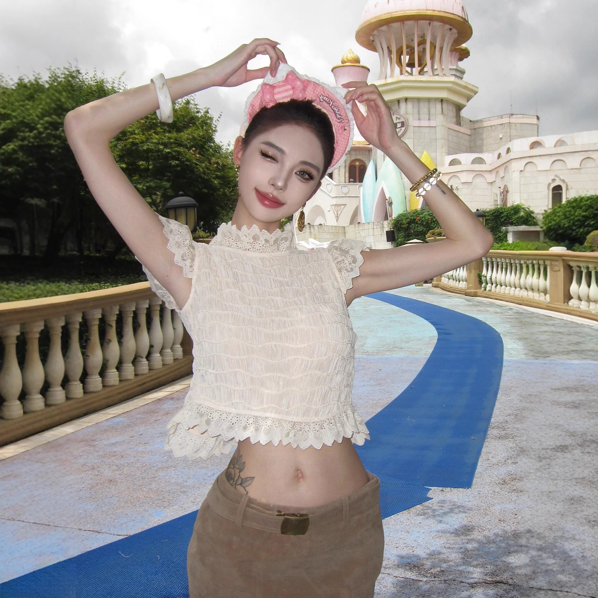 

customized women's adult fashion clothing with lace and lace on both sides small fly sleeve shirt short French style shirt