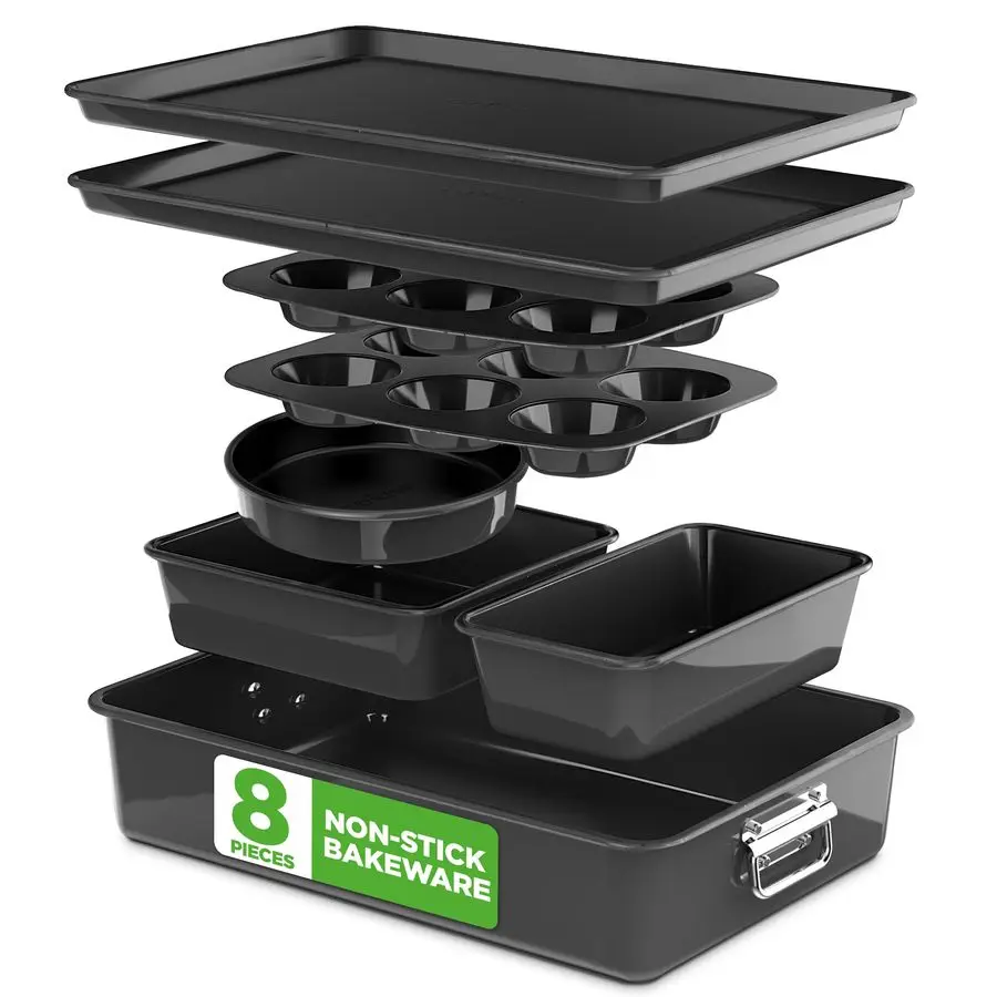 

8Piece Stackable Nonstick Bakeware Set Premium Steel Baking Pans Set Includes Round Cake Pan, 6Cup Muffin Pans, Wide Square Brow