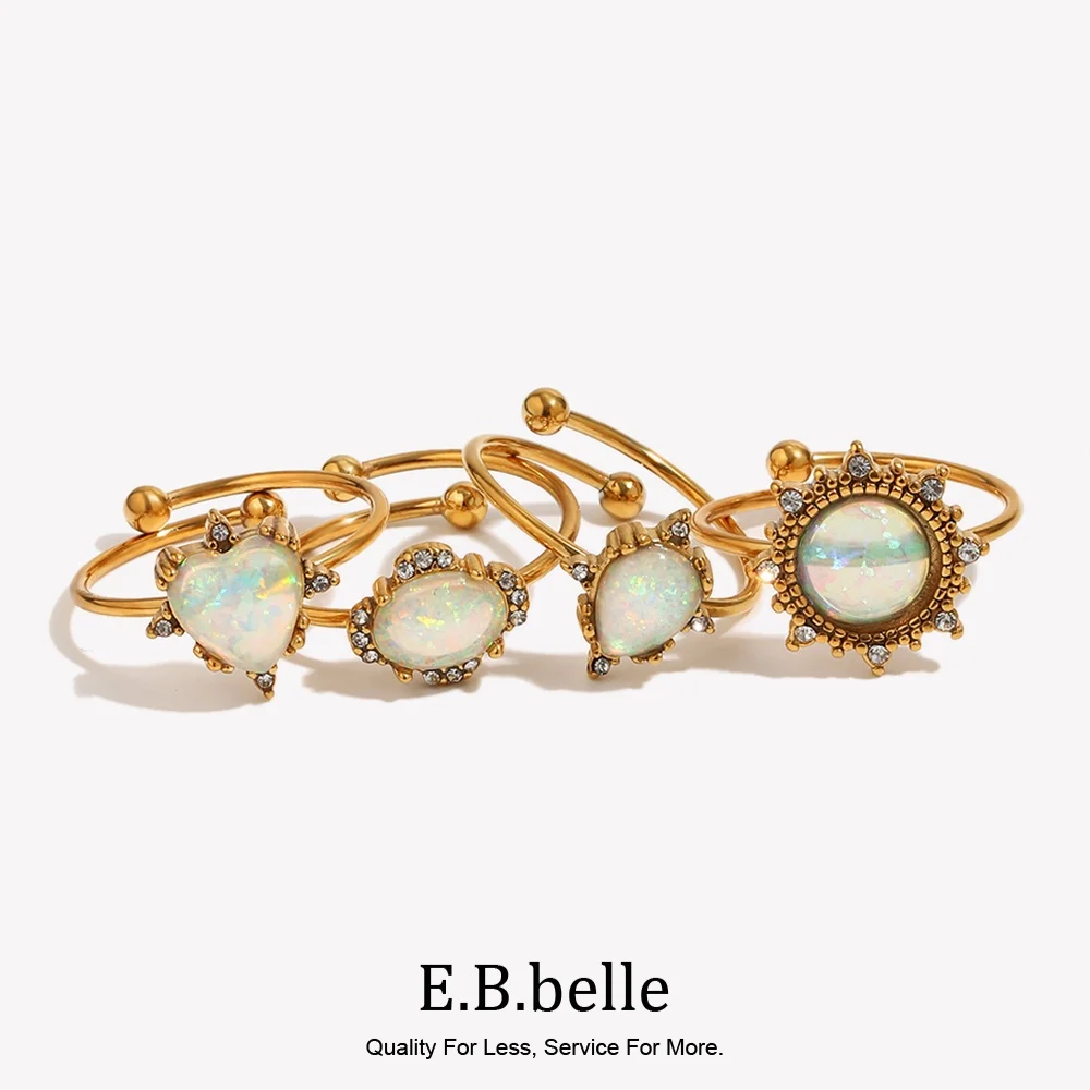 E.B.belle Adjustable Rings For Women Stainless Steel Gold Plated White Natural Opal Stone Rings For Party Wedding Ring
