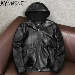 AYUNSUE Men's Genuine Leather Jacket Men Hooded Korean Natural Sheepskin Coat Plus Size Lether Jackets Man Hommes Veste KJ6769