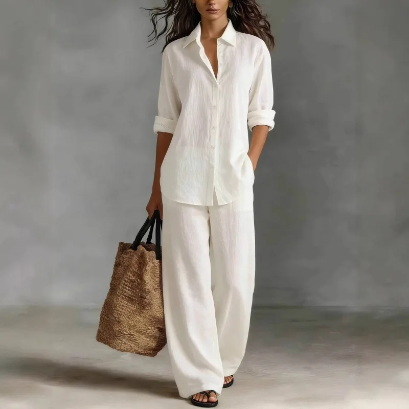 

Fashion Cotton Linen Shirt Long Sleeved Women's Set Spring Autumn Loose Cotton Linen Wide Leg Trousers Female Office 2piece Set