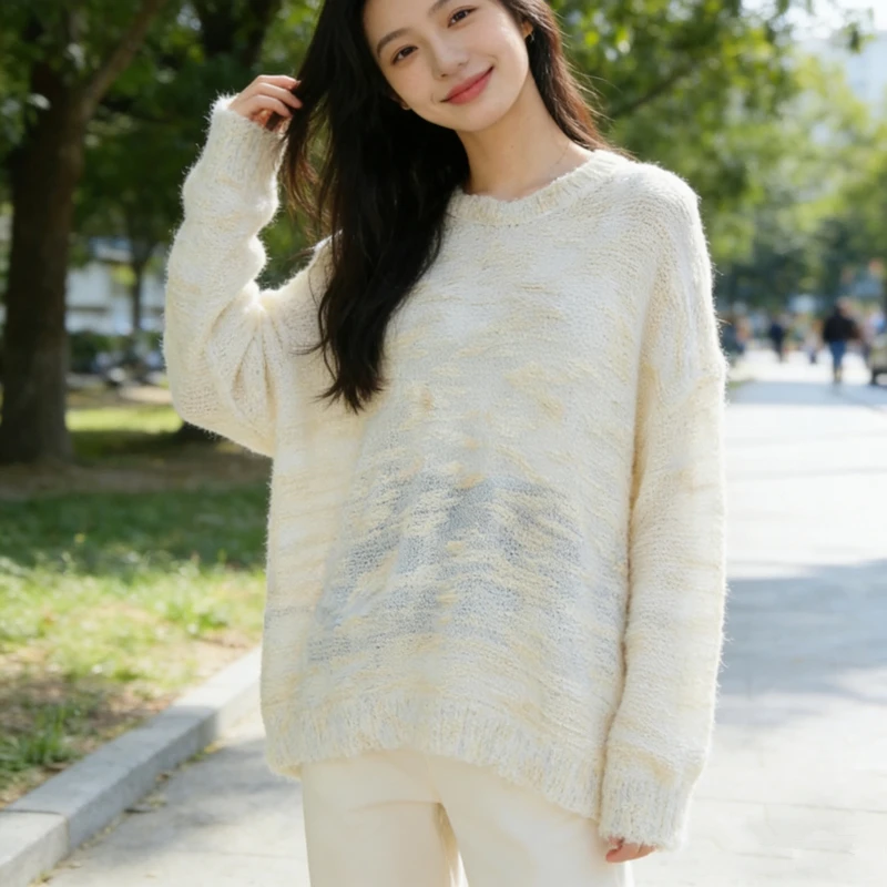 

Women's Mid-Length Fuzzy Mohair Sweater 2026 Spring Autumn Crew Neck Loose Knit Pullover Casual Long Sleeve Oversized Jumper Top