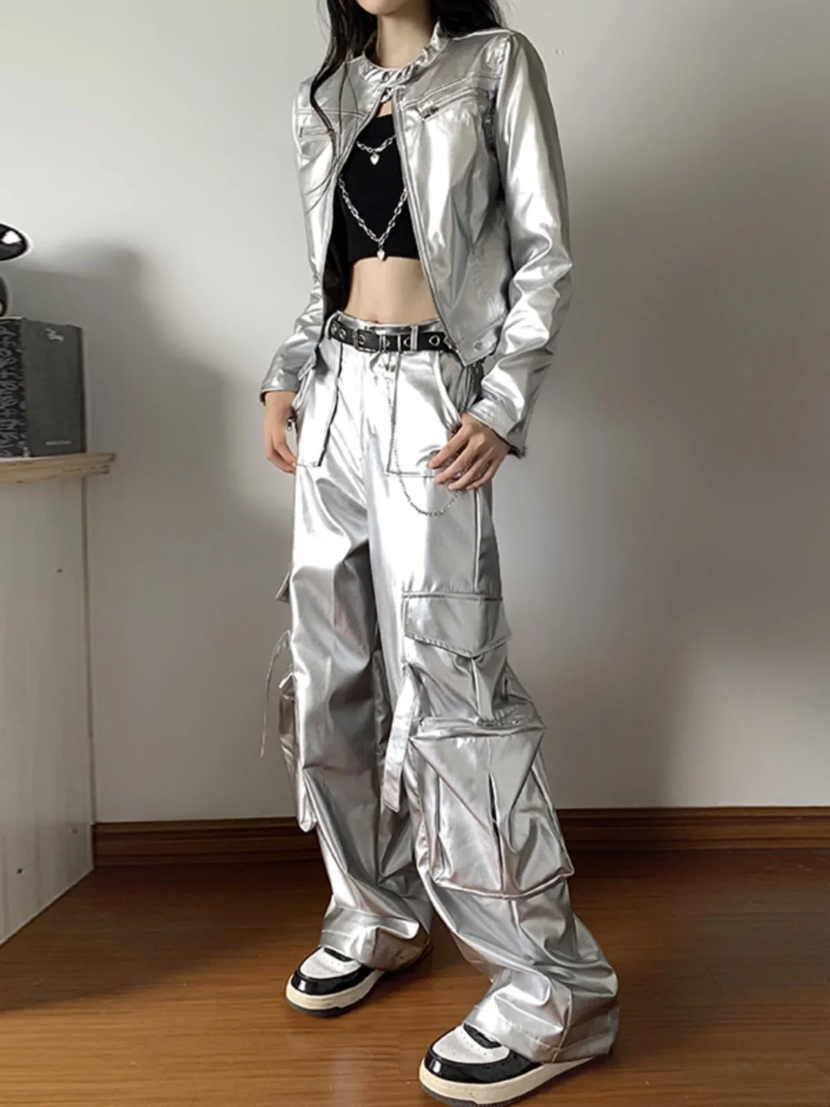 Spice Girl Silver Long Sleeve Short Jacket Overalls Performance Suit DS Women's Hip Hop Modern Dance Practice Suit