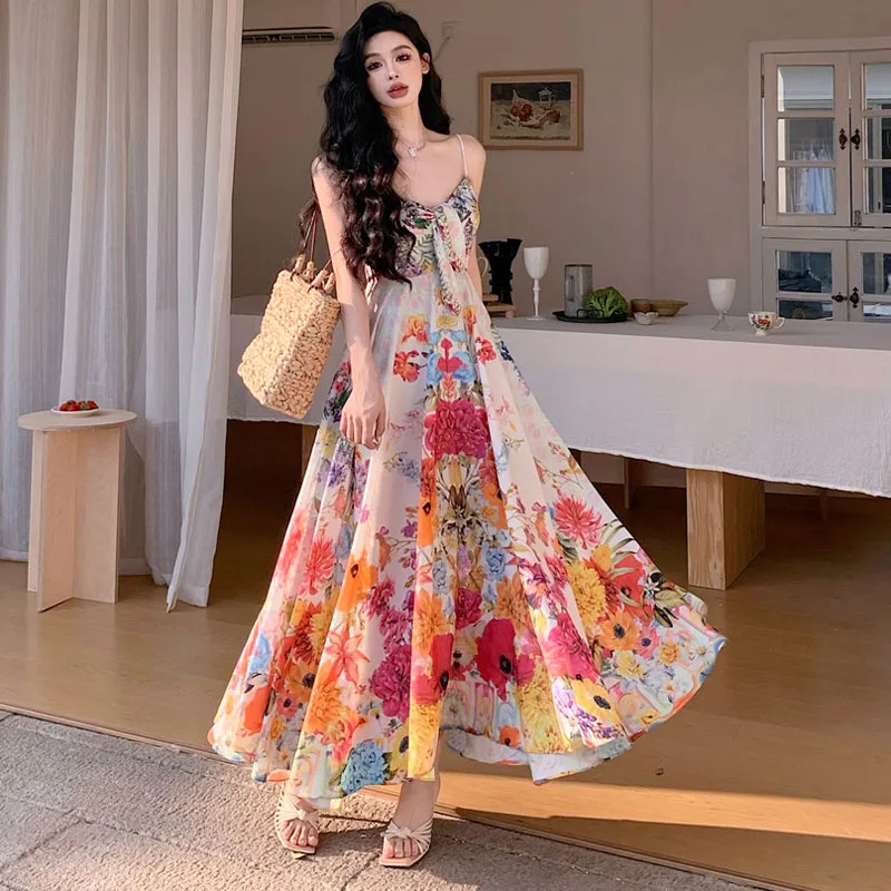 Holiday Beach Sling Party Long Dress For Women Summer Flowers  Print Chiffon Sexy V-Neck Backless Casual Boho Party Dress