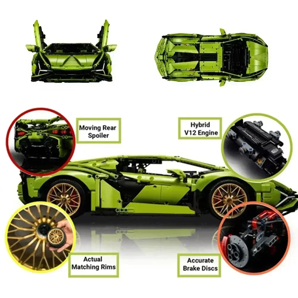 2024 Champagne Lambo Technical Car Fit 42115 Sian Roadster Model Fk937 Kit Model Building Blocks Toys Kids Christmas Gifts