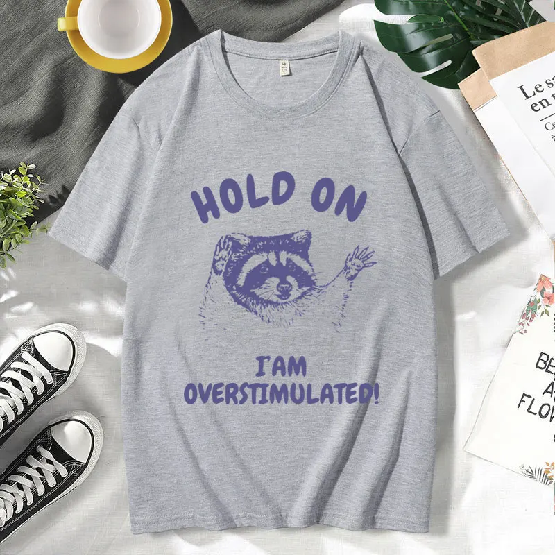 Hold on I\'m Overstimulated Funny T-Shirt Male Cute Cartoon Raccoon Graphic T Shirts Men Women\'s Fashion O-Neck Cotton Tee Shirt