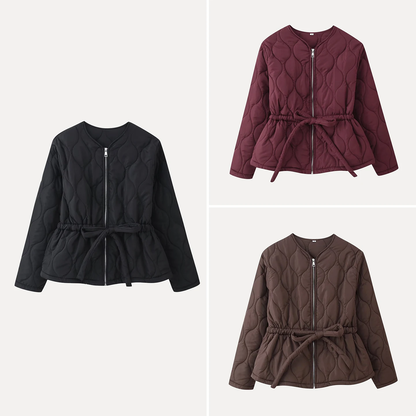 

2025 Winter New Women's Long Sve Coat Waist-Cinching Commute Versatile Personali Cotton Jaet round Ne Zipper Pure Color