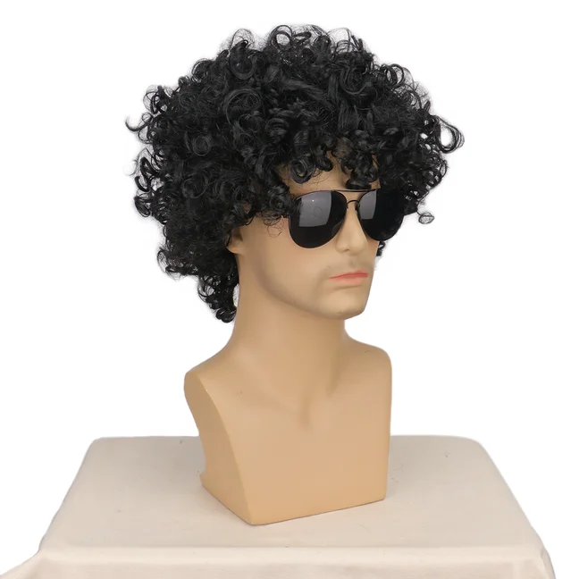 Men Short Black Curly Rocker Disco Wig with Glasses Boys Wet Look Wig 70s Mullet Wig Michael Jackson Role Play Synthetic Wig view 4