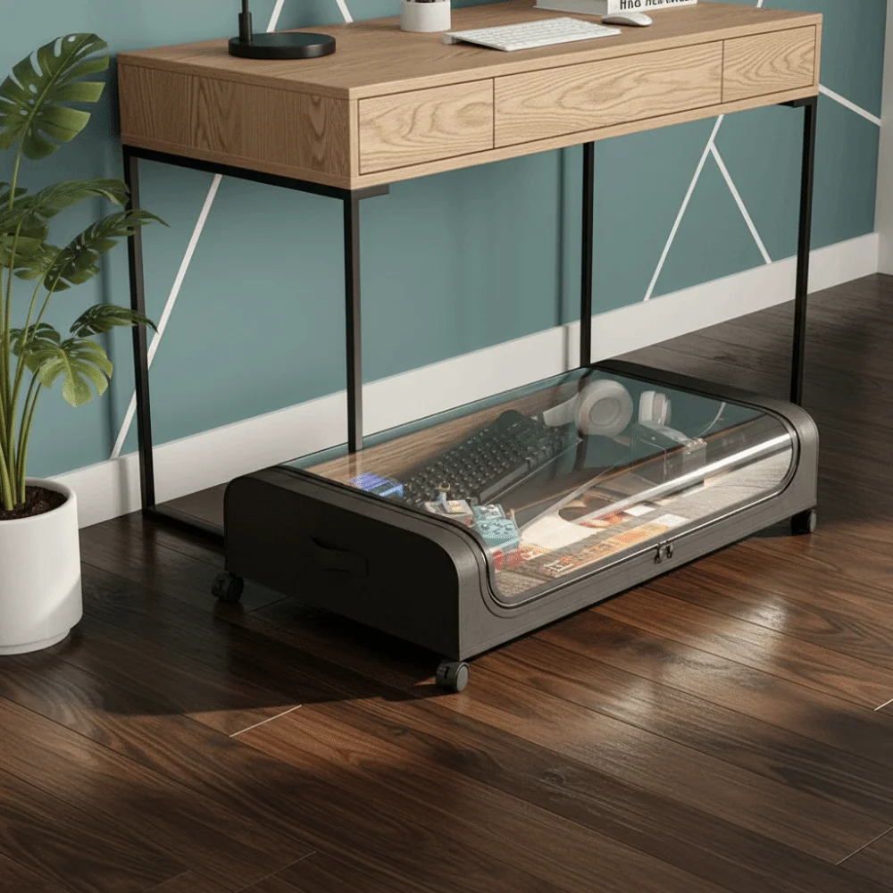 

Large Capacity ​​Under Bed Storage Box Space Saving Curved Style Bed Bottom Storage Box Dust-Proof with Wheels Underbed Bin Dorm