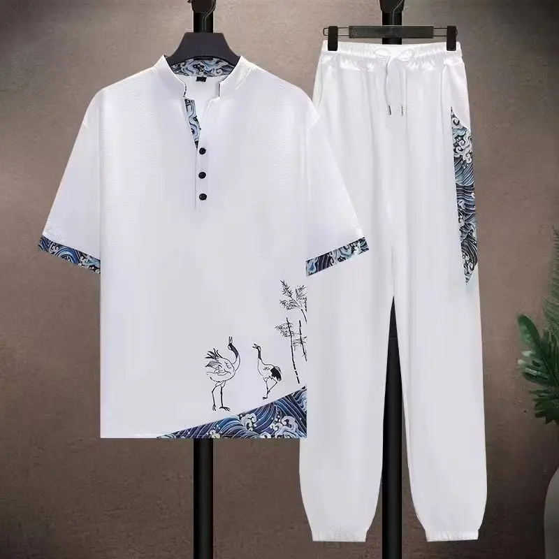 (Shirt + trousers) 2024 summer shirts men fashion Cotton shirts men's breathable sets High quality shirts Two Piece size M-5XL