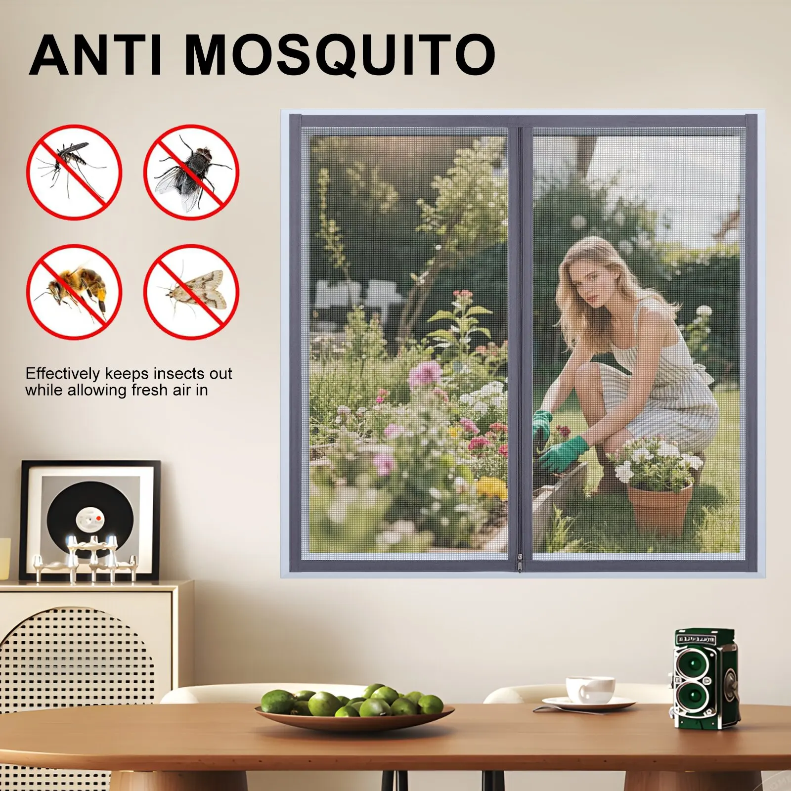Mosquito and insect resistant self-adhesive window screen with gray zipper, reusable, invisible installation, invisible mosquito
