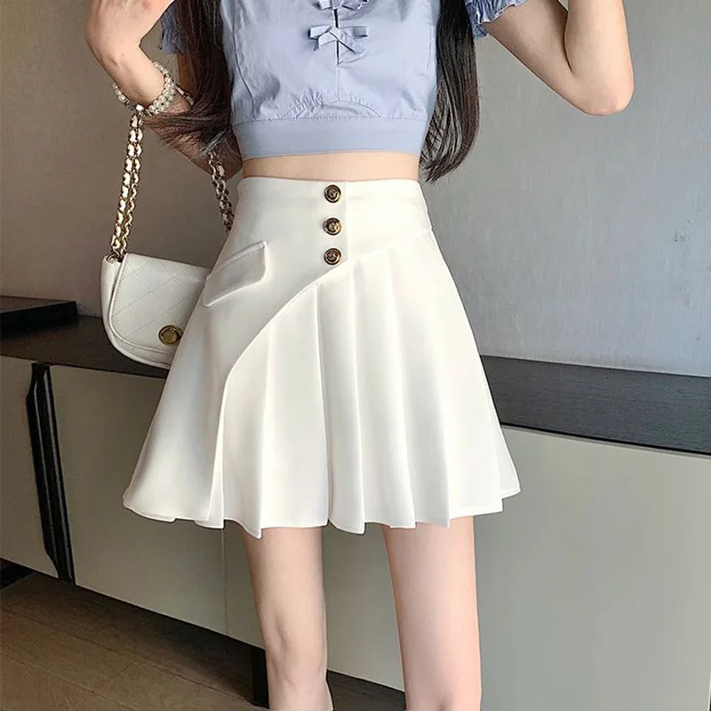 

Women Skirts Patchwork Pleated Preppy Solid High Waist Irregular Skirts A-Line Koreon Fashion Casual Streetwear Short Skirt