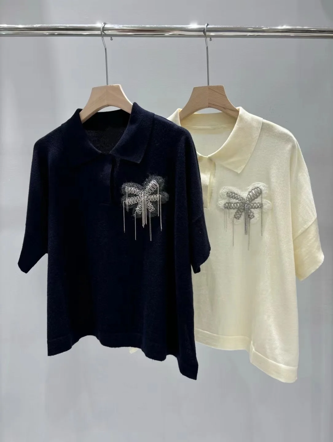 

Beaded Chain Knitted Pullover for Women Turn-down Collar Short Sleeve Casual 100% Wool Sweater