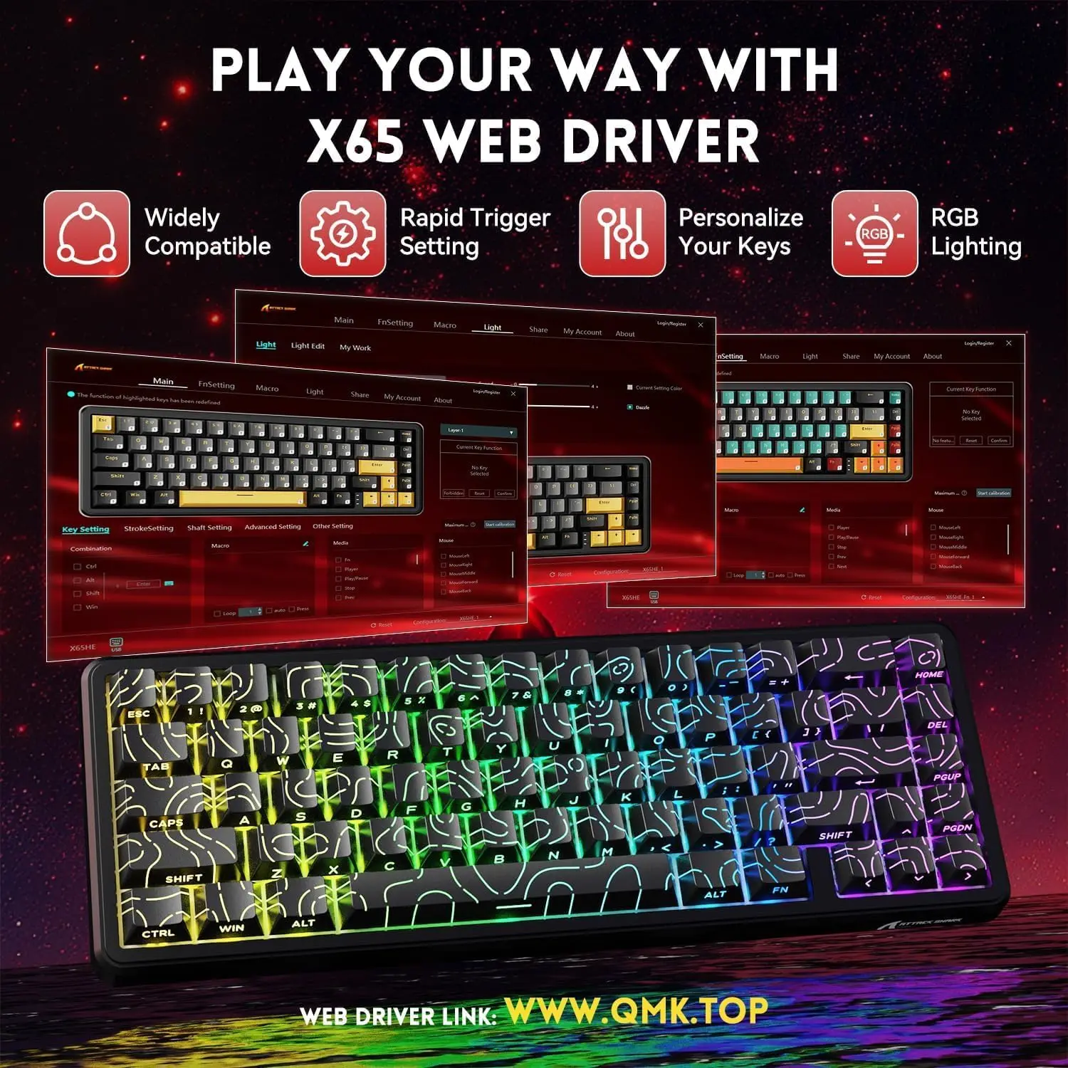 

ATTACK SHARK X65 HE Wired Rapid Trigger Magnetic Switch 65% Mechanical Gaming Keyboard, Hall Effect Top Mounted RGB Hot Swap,Adj