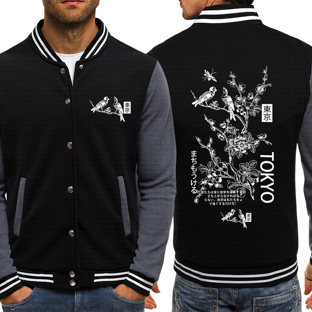 

Tokyo Flower And Bird Japanese Style Print Jacket Men Street Fleece Baseball Jersey Fashion Casual Coat Autumn Loose Man Top