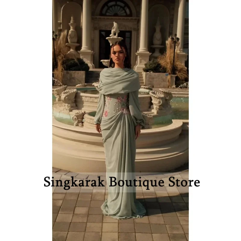Customized Sage Green High Neck Draped Chiffon Mermaid Formal Evening Prom Dress with Floral Embroidered Waist Gwon 2026
