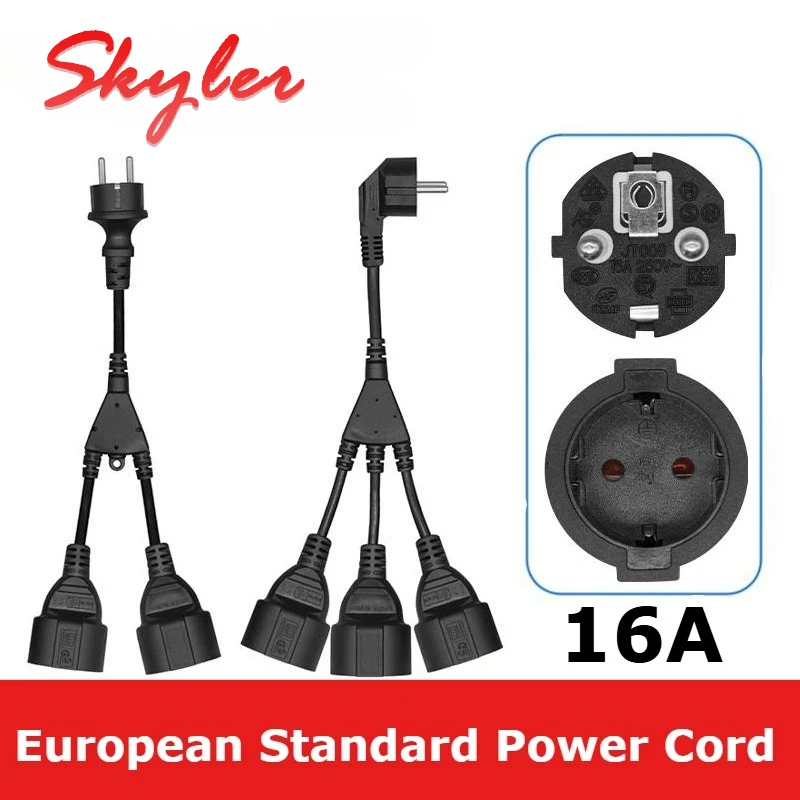 16A 1 to 2/3 EU Plug Power Cord Wire Splitter European Standard Y-type Extension Cable Round Foot Male to Female Connection Line