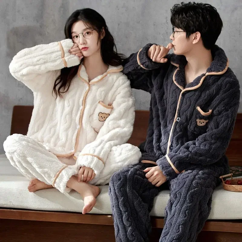 2024 New Sleepwear Couples Autumn and Winter Sleepwear Coral Plush Plush Thickened Loungewear Men Women\'s Hooded Homewear Set