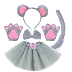 1/3/4/5Pcs Mouse Costume for Kids-Mouse Ears Headband Tail Bowtie Tail Gloves Skirt Animal Cosplay Accessories