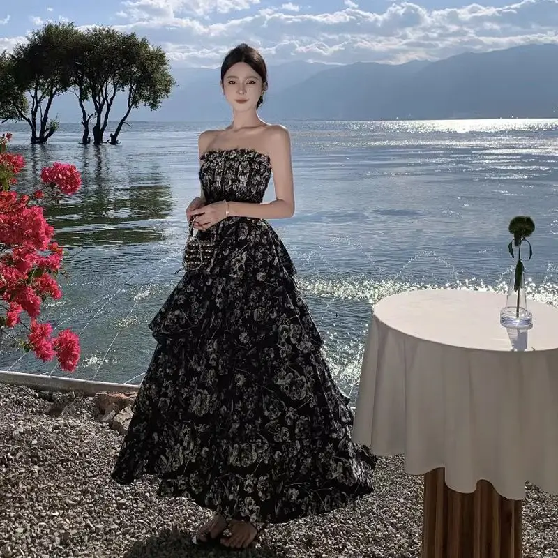 

Шифоновое платье Coalfell в стиле Хепберн с запахом на груди: Французское облегающее праздничное многоярусное платье макси без бретелек