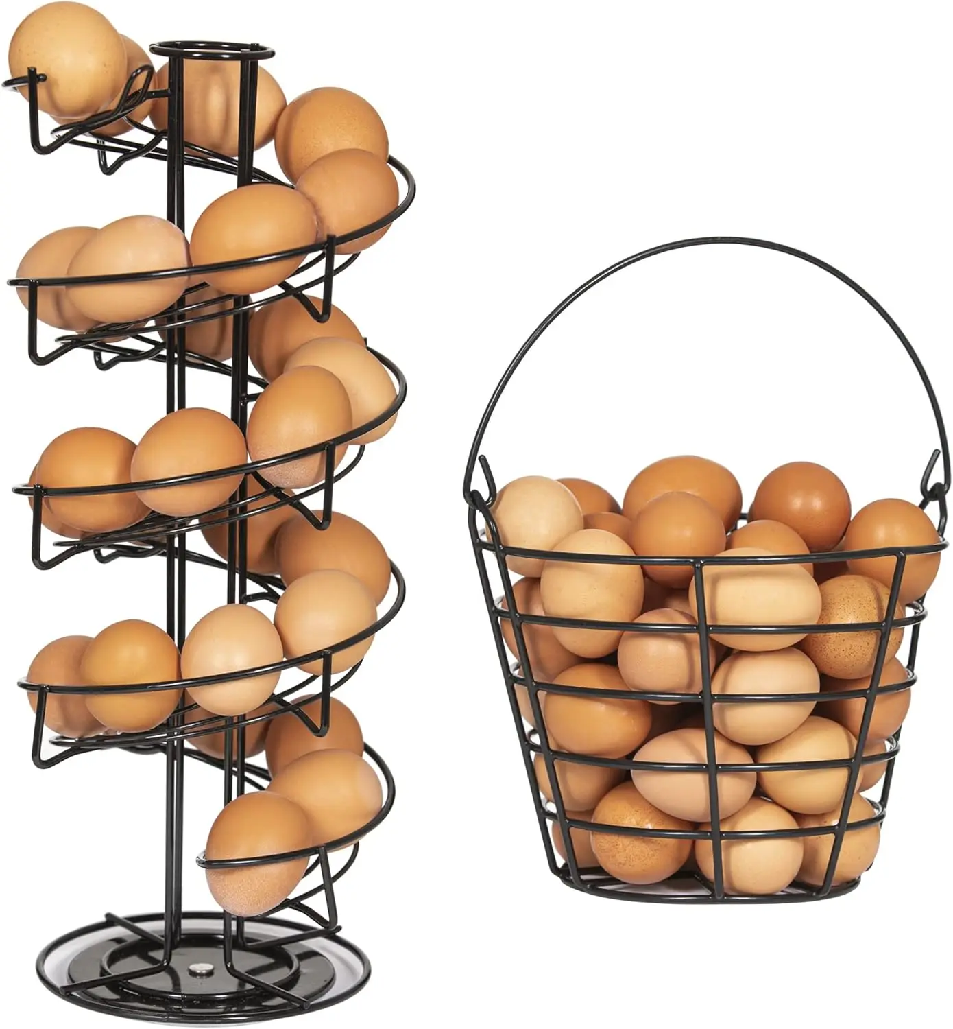 Rotating Spiral Egg Dispensing Rack, Egg Skelter, Countertop egg  & display. INCLUDES Matching Egg Collecting Basket