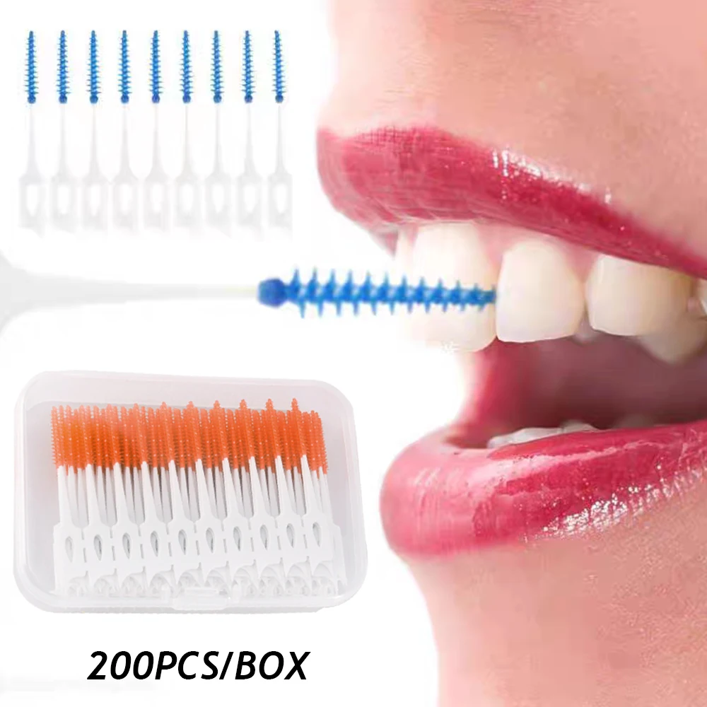 200pcs/box Soft Silicone Interdental Brush Toothpicks With Thread Double-headed Disposable Interdental Brush Oral Cleaning Tools