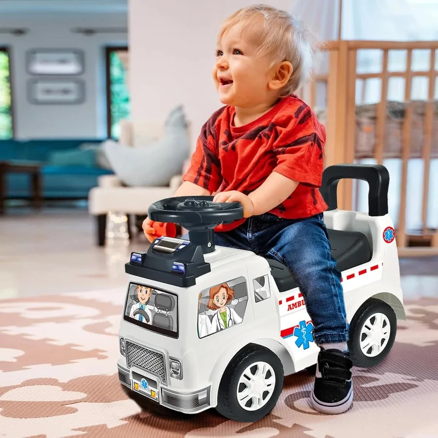 Juguetes para niños pequeños con almacenamiento debajo del asiento, camión de bomberos con música y volante, coche de empuje para niños pequeños de 1 a 3 años