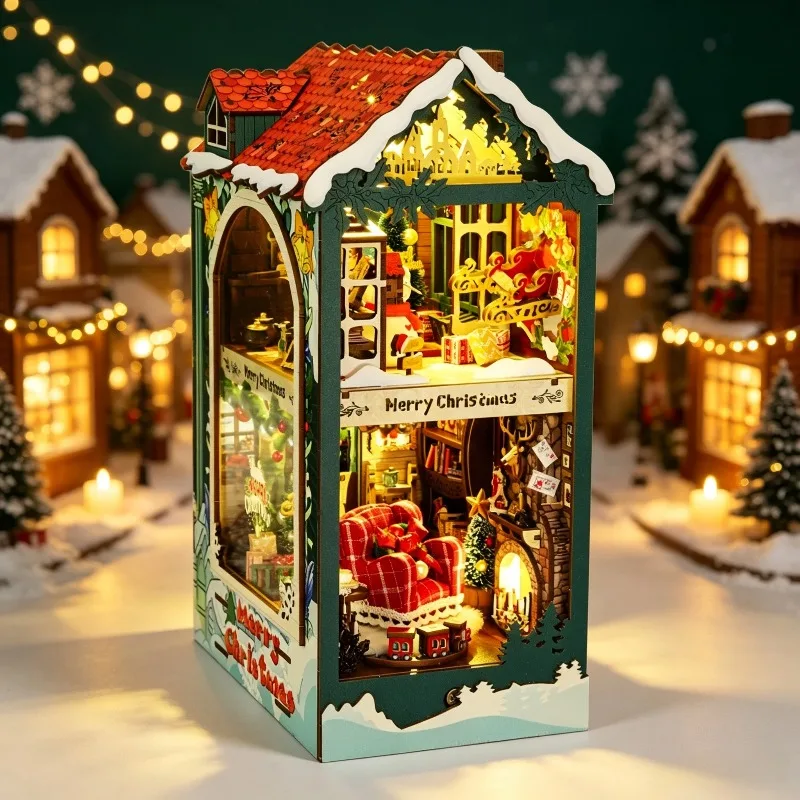 DIY Book Nook Shelf Insert Kit Merry Christmas Bookend Miniature Dollhouse 3D Puzzle Assembly Model for Adults Birthday Gifts