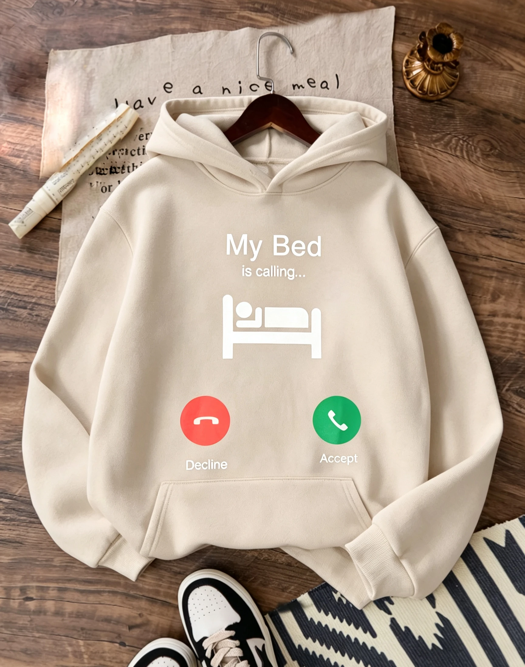 Women Loose Hooded Sweatshirt My Bed Is Calling Funny Call Interface Front Graphic Print Soft Warm Daily Street Casual Hoodie