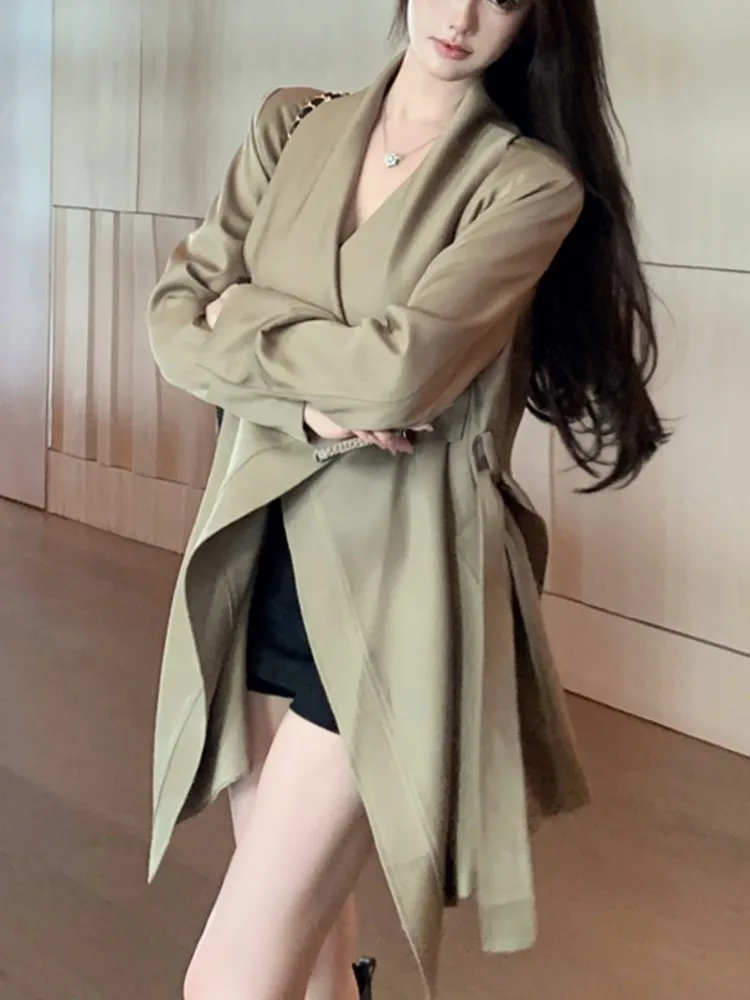 

Women Sexy Vintage Irregular Fashion Windbreaker Streetweer Turn Down Collar Lace Up Loose Trench Female Clothes Coat New