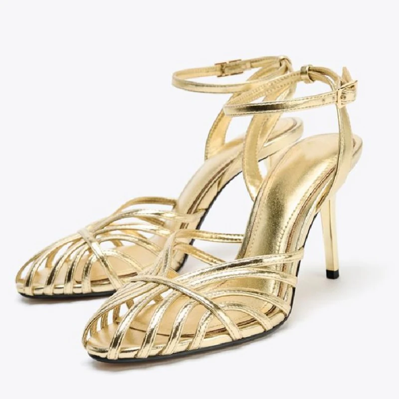 Sandalias de tacón alto con banda estrecha y hueco dorado para mujer, calzado Sexy con hebilla y correa en el tobillo, zapato de diseñador de tacón fino, zapato elegante para vestido de cena