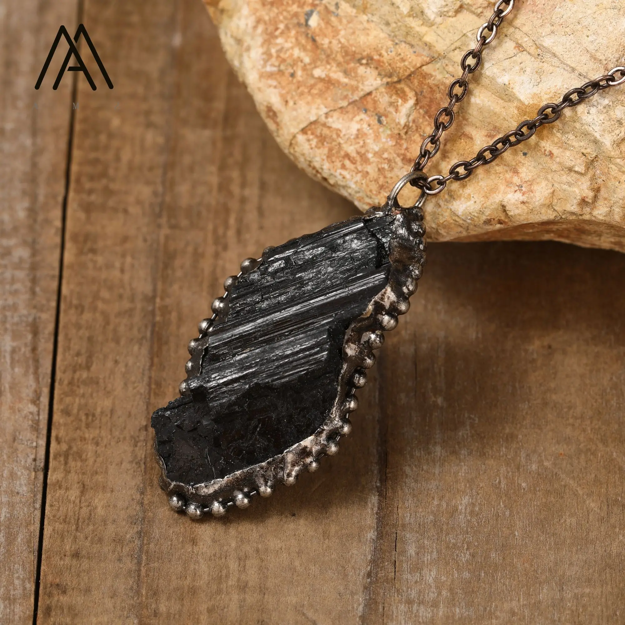 Raw Black Tourmaline Freeform Shape Pendant Gun Black Edged Chain Necklace Birthstone Jewelry Men Gifts