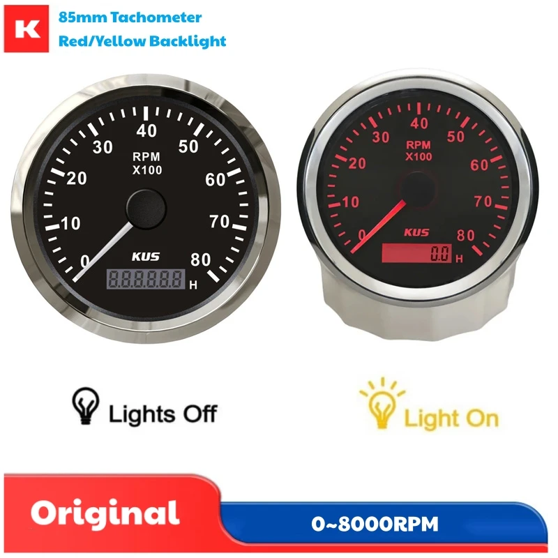 

KUS 85mm Tachometers Gauges 0-8000RPM Revolution Meters Pulse Signal 1-10 Speed Ratio with Red / Yellow Backlight for Auto Boat