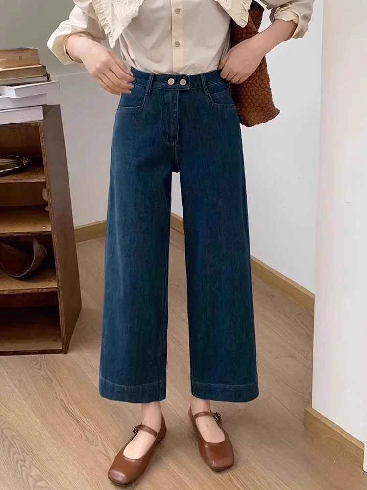 

Plus Size Deep Blue Double Buttoned Straight Leg Denim Jeans Women Loose Wide Leg Pants High Waist Nine Points Casual Slimmin...