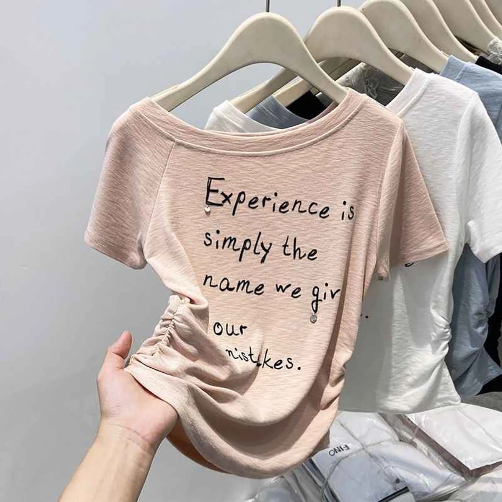 Sommer Skew Kragen T-shirt für Frauen Brief Gedruckt Modal Kurzarm Top Koreanische Casual Mode Weibliche Off Schulter Tees