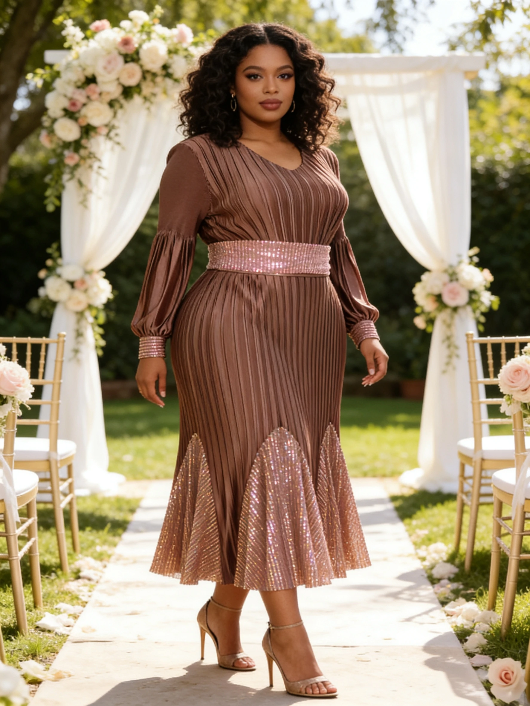 Womens Plus Size Pleated Elegant Maxi Long Sleeve Dress with Sequin Belt and Patchwork Hem for Wedding Guest